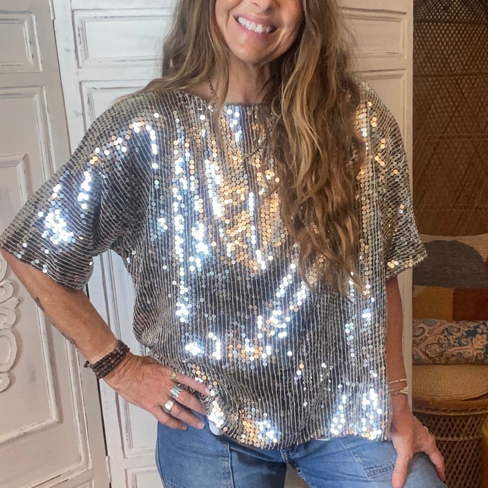 Vintage Silver Sequins Top XL 2X Deadstock Silk Boxy Crop Disco Jewel Queen - Picture 3 of 11